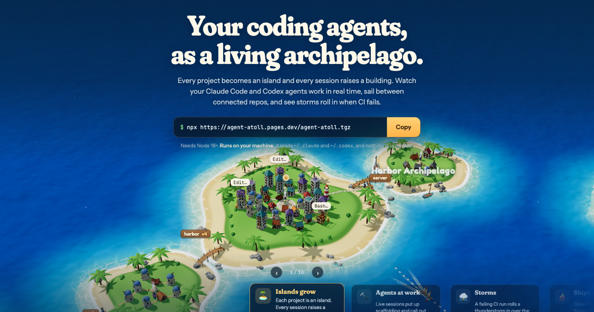 Agent Atoll: Visualise your Claude Code/Codex history on a 3D living archipelago